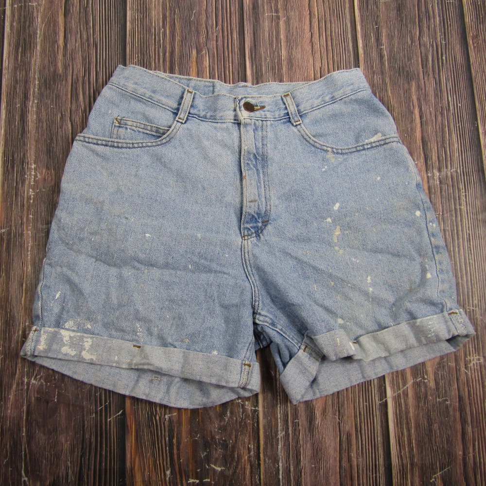 Denim Riders Jean Shorts Women 29 Light Blue Paint Splatter Distressed Cuffed